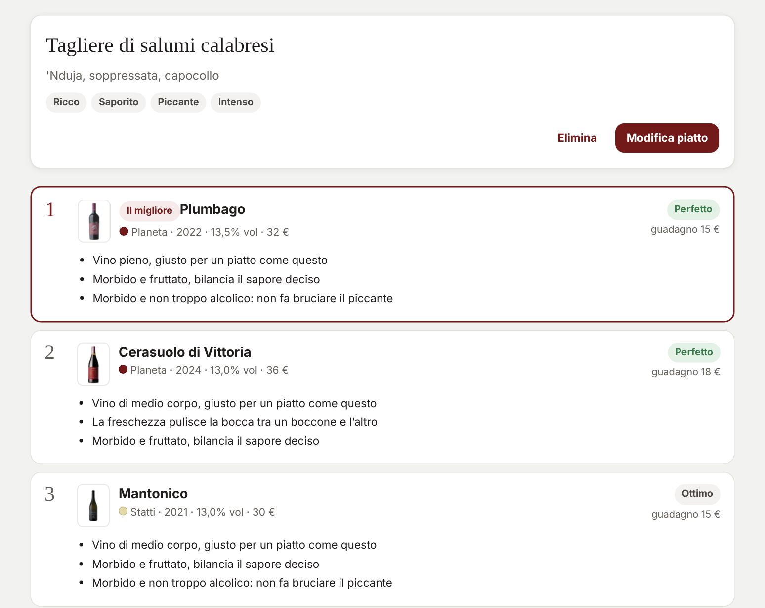 Abbinamenti: per il tagliere di salumi calabresi l'app propone due rossi siciliani e un bianco calabrese, con le ragioni e il guadagno di ciascuno