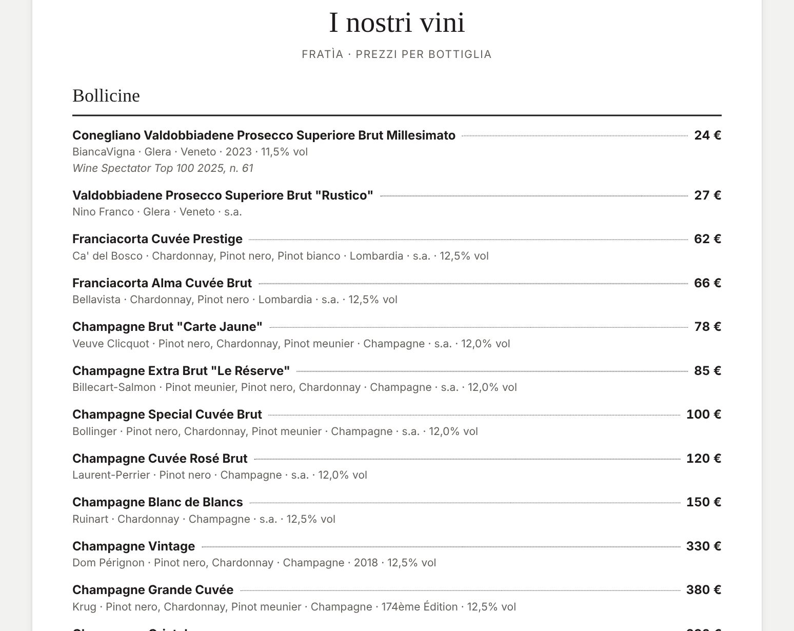 La carta dei vini nella vista per il cliente, con nomi, cantine e prezzi